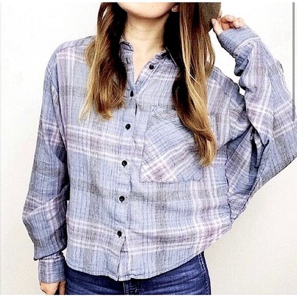 Free People Cropped Cutie Plaid Flannel Batwing Dolman Button Front Shirt - Picture 2 of 10